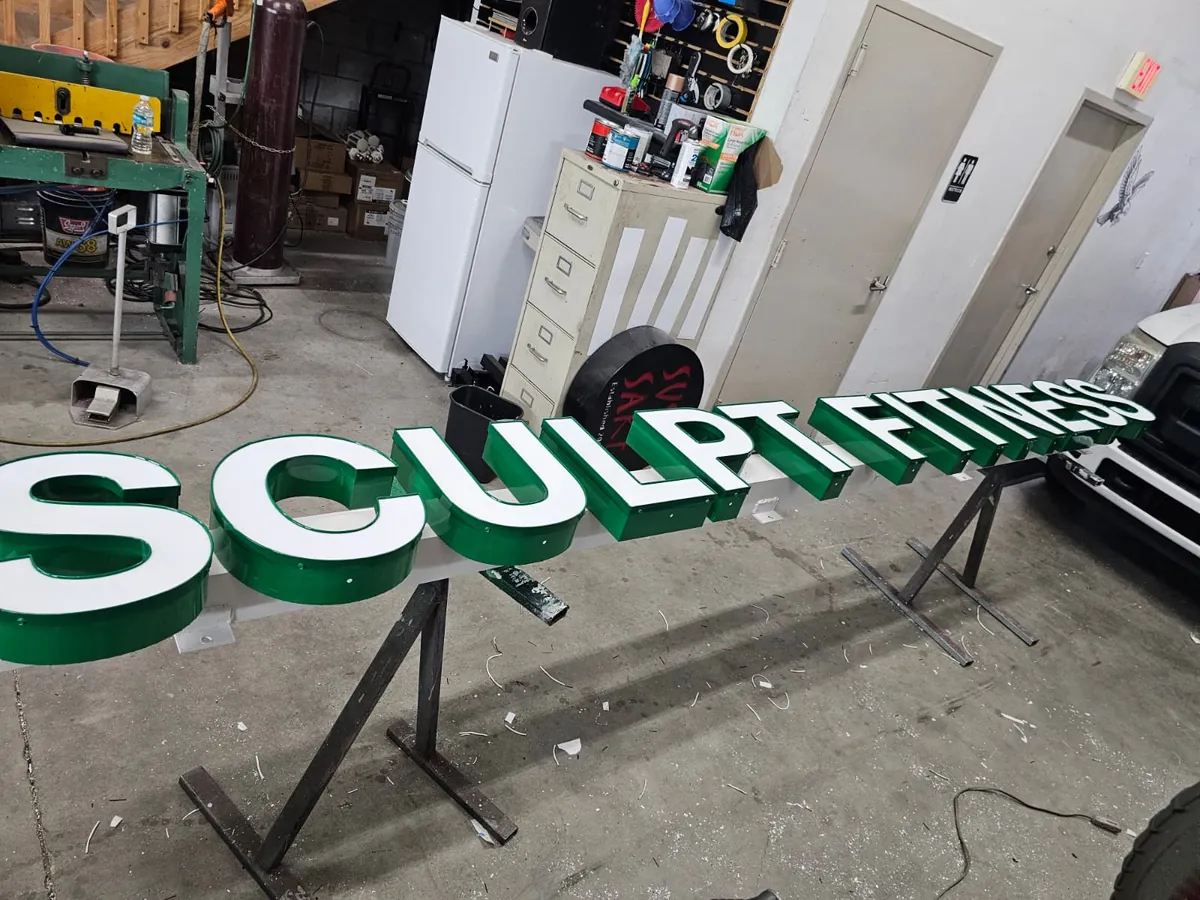 Sculpt Fitness channel letters being fabricated in the Spazio Design sign shop
